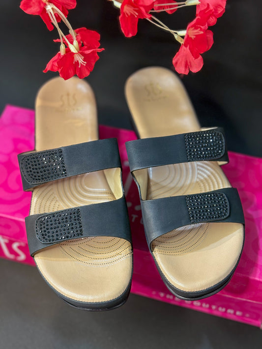 Black Twin-Strap Wedge Slider